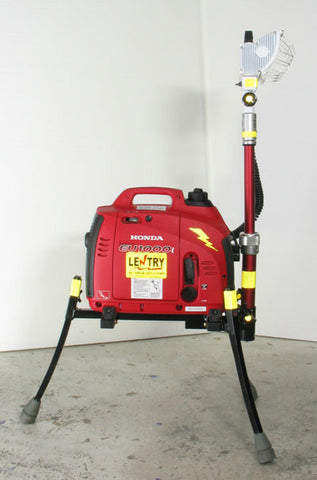 Right side view of LENTRY Light System model 1OPUPS with a 1000w generator, 750 watt halogen light, and a standard height pole. Shown with the three independently adjustable legs and telescoping pole fully extended.