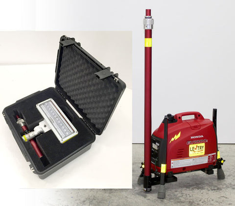 Lentry Lighting System Model 1SPECX+S-C23 includes one LED, 2 telescopic poles, and a case to hold the LED (and standard height pole when not in use)