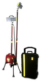 All-Terrain dual LED Lentry Lighting System Model 1SPECXX-C34. Shown here with the all-terrain legs and one telescoping pole fully extended, the second telescoping pole partially extended, and Case C3422, which holds both light heads when not in use, standing verticle next to the Lentry System