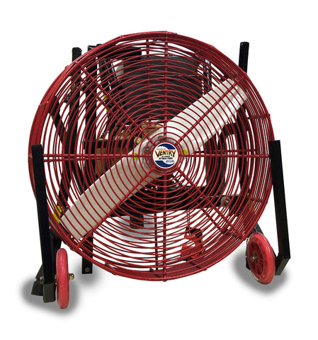 Ventry Electric PPV Fan Model 20EM3550 with optional Solid Rubber Wheels & Skids. The three independently adjustable legs are retracted, allowing the fan to be transported or stored in a small compartment.
