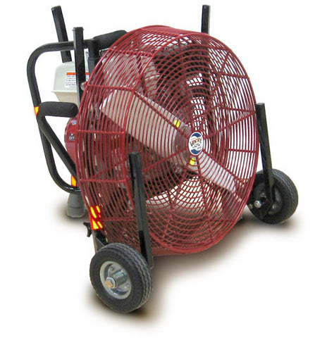 Ventry Fan Model 20GX120 with optional Medium Flat-Free Wheels. Shown with the three independently adjustalble legs fully retracted, allowing the fan to be easily transported and stored in small compartments.