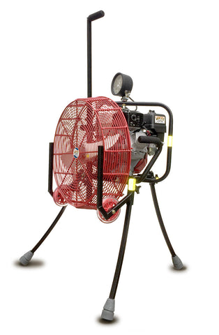 Ventry 20GX160 fan shown with optional LED and solid rubber wheels & skids. The three independently adjustable legs, top light, and vertical handle are shown fully extended.