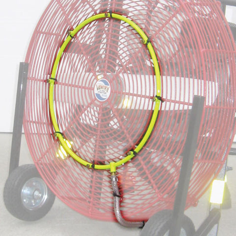 The Ventry Cooling Misting Ring shown highlighted on a 24-inch Ventry Fan. It's made of stainless steel and is attached to the front guard with a series of zip ties.
