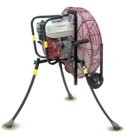 Side / Rear view of a 24-inch Ventry PPV Fan 24GX120 with optional Medium Flat-Free Wheels & Skids. The three independently adjustable legs are fully extended.