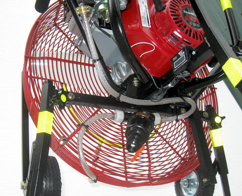 Picture is taken from under the fan, showing how the inlet hose and filter are attached to the bottom and back of the fan's frame. The filter and its organge flush valve are clearly visible, showing how easy they are to access when needed.