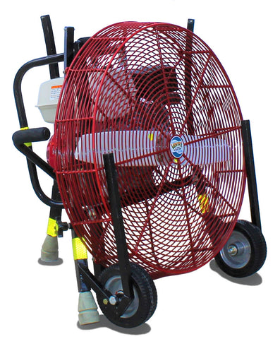 24-inch Ventry Fan Model 24GX160 shown with optional Medium Flat-Free Wheels & Skids. The three independently adjustable legs are fully retracted, making this fan ready for transport and storage.