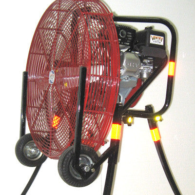 Close up side view of 24-inch Ventry Fan Model 24GX200 with optional upgraded Medium Flat Free wheels and Skids. This shows how the wheels and skids are attached to the fan's frame, allowing the fan to be pulled up over curbs and stairs, while not damaging the guard.