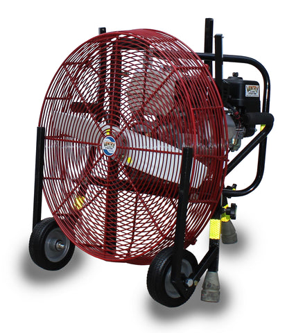 24-inch Ventry Fan Model 24GX120 shown with optional Medium Flat-Free wheels & skids. The three independently adjustable legs are all retracted, making this fan ready for transort and storage in small compartments.