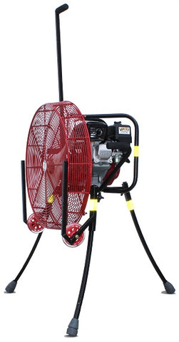Side view of a 24-inch Ventry Fan Model 24GX160 with optional Solid Rubber Wheels & Skids. The vertical tow handle is fully extended up from the center of the fan while the three independently adjustable legs are also fully extended.