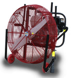 Ventry Fan Model 24GX120 with optional Solid Rubber Wheels & Skids. Here, the verticle tow handle and three independently adjustable legs are all fully retracted, allowing the fan to be easily transported or stored.