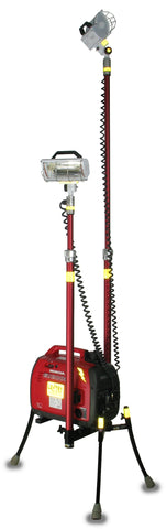 Lentry Lighting System Model 2OPUPXX shown with the all-terrain legs and one light fully extended and the second light retracted