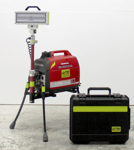 Lentry Portable LED Lighting System Model 2SPECS-C23, includes a Honda EU2200i generator and Case C2318 to store the LED. Shown with all-terrain legs and light extended