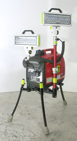 Dual-LED LENTRY Portable Lighting System model 2SPECSS-C34 shown with the all-terrain legs and one LED fully extended and the second LED retracted. Case not shown.