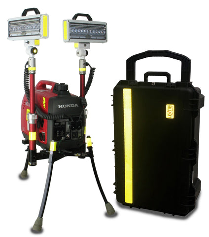 All-Terrain Lentry Dual LED Lighting System Model 2SPECSS-C34 shown fully extended, standing next to the case which holds both LED light heads