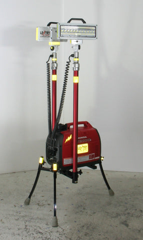 Lentry Dual LED Lighting System Model 2SPECXX-C50 shown with the all-terrain legs extended and the telescoping lights retracted. Case not shown.