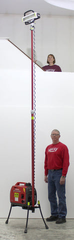 Lentry Lighting System Model 2STARH stands up to 13-feet tall, as shown next to a man who stands at 6 feet and 3 inches.