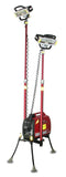 Lentry Scene or Jobsite LED Lighting System Model 2STARXX shown with the all-terrain legs and one telescoping LED fully extended and the second telescoping LED partially retracted