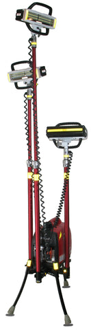 Lentry Lighting System Model 2STARXXX shown with the all-terrain legs fully extended and each of the three telescoping LEDs at different heights - one fully retracted, one partially extended, and the third fully extended