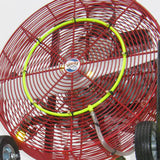 Ventry brand Cooling Misting Ring Kit shown on a 24-inch Ventry PPV fan. The picture is taken below the fan looking up, to show how the hose is zip-tied to the underside of the guard, connecting the inlet & filter to the nozzels on the front of the fan.