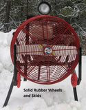 Optional Solid Rubber Wheels & Skids and Top Light shown on a 20-inch Ventry Fan while it's standing in a snow pile