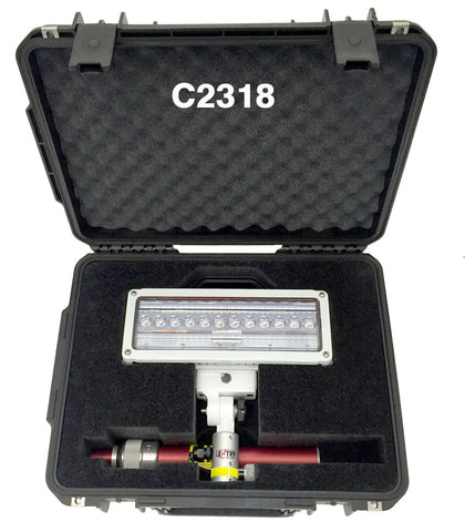 Lentry Case C2318 shown open, with the V-Spec LED light head and standard height pole stored inside.
