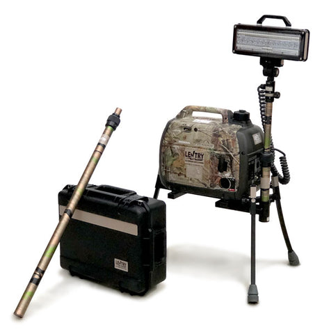 Camouflaged Lentry portable safety light Model 2SPECX+S-C23-CMO, shown with the Stanard Height LED and all-terrain legs fully extended and the XT height pole and Case to the side.