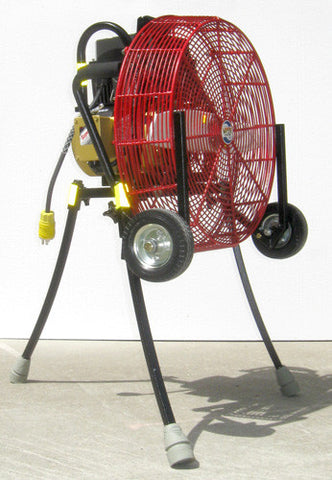 Ventry Electric Fan Model 20EM3550 shown with optional Medium Flat-Free Wheels & Skids and the three independently adjustable legs fully extended.