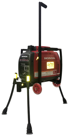 Lentry Wheel & Handle Kit shown attached to the generator/frame section of any Lentry Lighting System Model that consists of a 2000w/2200w generator and single pole. Shown here with the all-terrain legs and towing handle fully extended