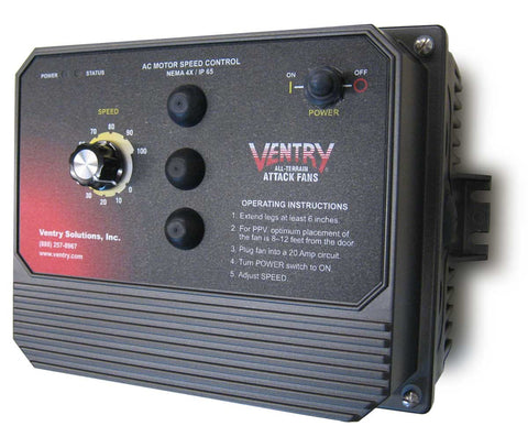 Close-up view of the Ventry Electric Fan Model 20EM3550's controller which converts single phase to three phase
