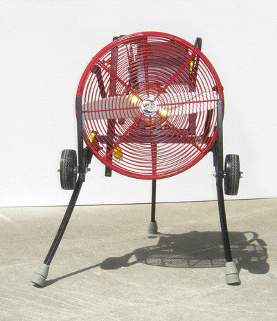 Front-facing Ventry Electric Fan Model 20EM3550 with optional Medium Flat-Free Wheels & Skids and the three independently adjustable legs fully extended.