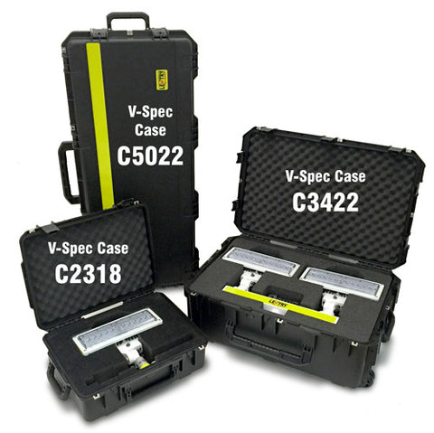 Labeled picture of all three Lentry V-Spec LED Cases. Case C2318 shown open with a single V-Spec LED inside, Case C3422 shown open with a 2-Headed V-Spec LED inside, and Case C5022 shown closed