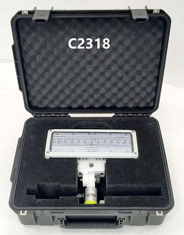 Lentry Case C2318 shown open with a V-Spec LED light head inside. 