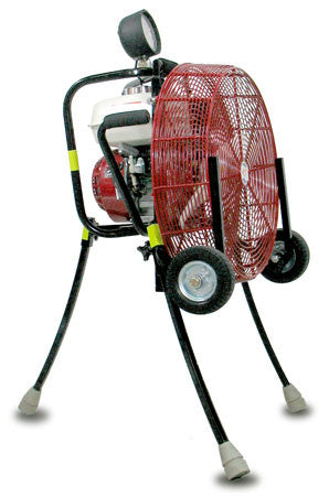 Ventry 20-inch PPV Fan Model 20GX160 with optional Medium Flat-Free Wheels & Skids and Entry Point Safety Light. Shown with the three independently adjustable legs extended.