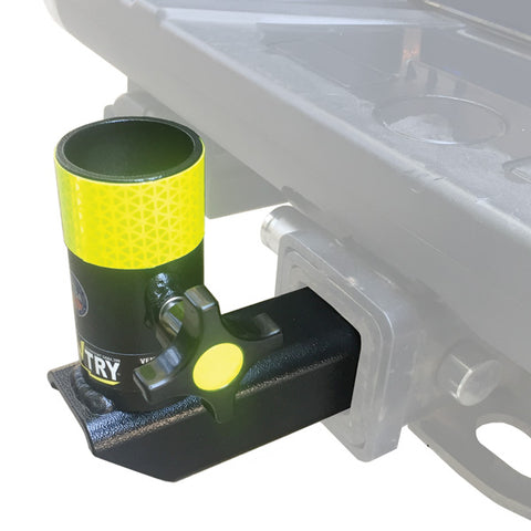 Lentry Lighting System's Receiver Hitch Pole Mount gives extra versatility to all Lentry Systems by providing a second way to mount the telescoping pole and light. Shown here attached to a typical trailor hitch.