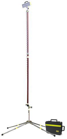 Lentry Utility Jobsite Light Tower Model SPECH-SS-C23 shown fully extended, standing up to 15-feet tall and next to included Case C2318