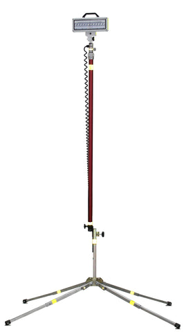 Lentry Utility Lighting System Model SPECH-SS-C23 shown with the all-terrain legs extended and the telescoping LED light fully retracted, standing well over 6-feet tall. Case not shown.