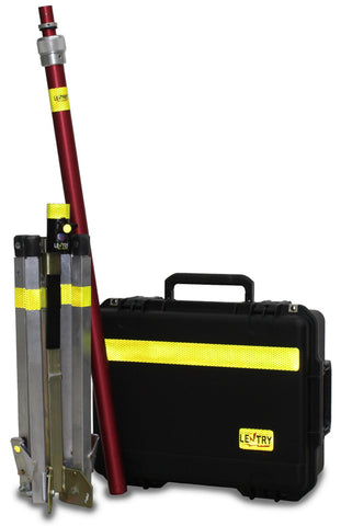 Lentry Utility Lighting System Model SPECX-SS-C23 shown disassembled and ready for storage or transport with the all-terrain legs on the utility stand fully retracted and the LED light head stored in the protective case