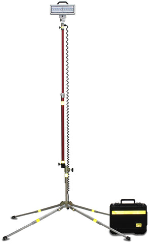 Lentry Utility Jobsite Lighting System Model SPECX-SS-C23 shown fully exnteded, standing 11-feet tall, next to included Case C2318
