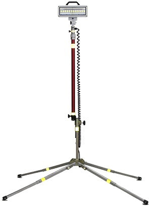 Lentry Utility Jobsite Lighting System Model SPECX-SS-C23 shown with the all-terrain legs fully extended and the telescoping LED fully retrancted. Case not shown,