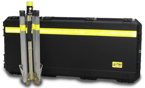 Lentry Utility Lighting System Model TWSPX-SS-C50 shown ready to transport or storage, with the all-terrain legs retracted and the 2-Headed LED light head and XT height pole stored in Case C5022