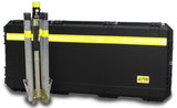 Lentry Utility Lighting System Model SPECX-SS-C50 shown disassembled and ready for transport and storage with the all-terrain legs fully retracted and the LED light head and XT height pole stored in the protective case