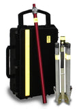When not in use, Lentry Utility Lighting System Model TWSPX-SS-C34 compacts down with the all-terrain legs retracted and the dual LED light head stored in its case as shown