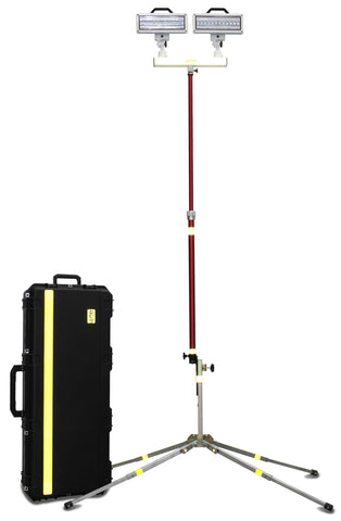 Lentry Utility Dual LED Lighting System Model TWSPX-SS-C50 shown next to included Case C5022, which holds the 2-Headed LED light head and XT height pole